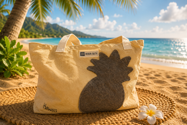 Hawaii Large Beach Tote Bag - Beige Grey Pineapple