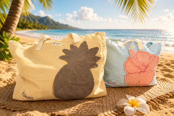 Hawaii Large Beach Tote Bag - Beige Grey Pineapple