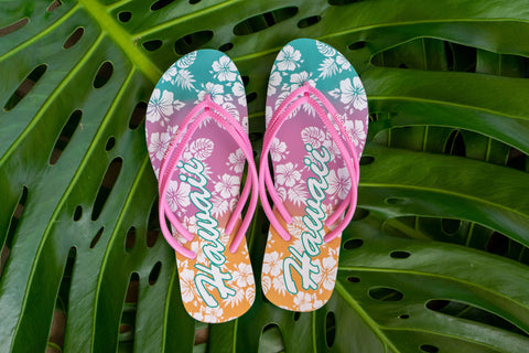 Step up your beach game: Discover the allure of our double strap Hawaii Hibiscus Flip Flops