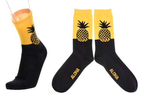 Elevate your sock collection with our exclusive Hawaiian crew socks, designed with love in Hawaii. Embrace the aloha spirit with pineapple black & gold.